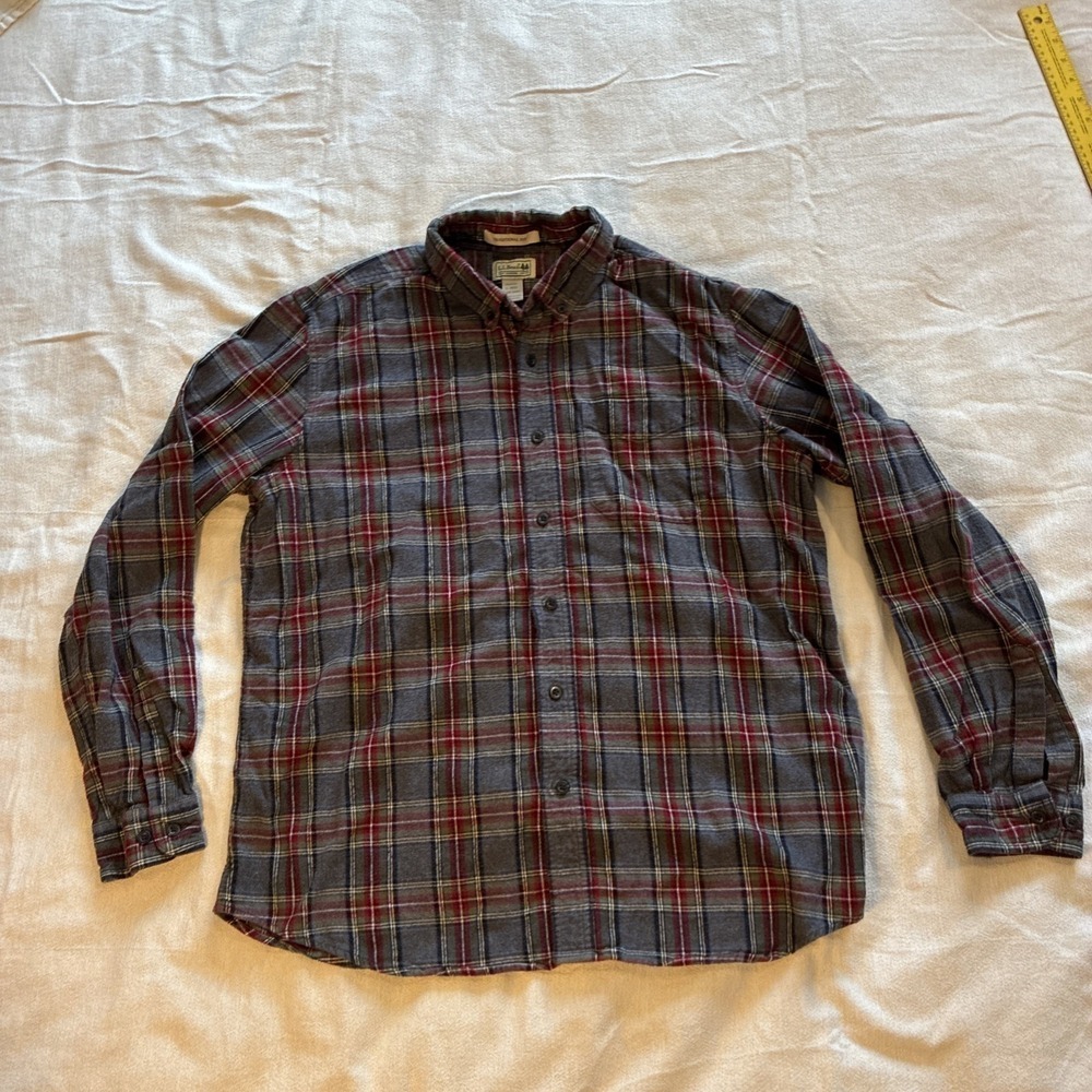LL Bean Mens Large Scotch Plaid Flannel Shirt Gorpcore Cabincore Red Gray Cozy